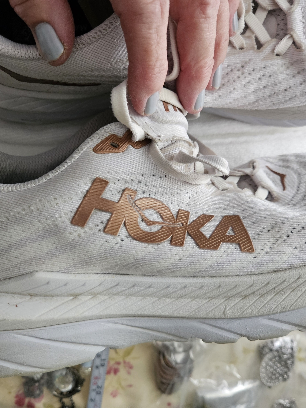 HOKA Lightweight Running Sneakers in Cream with Rose Gold Logo